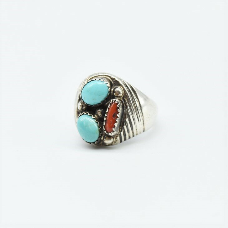 INDIAN JEWELRY(インディアンジュエリー) ナバホ ターコイズ×サンゴ シルバーリング サイズ22号