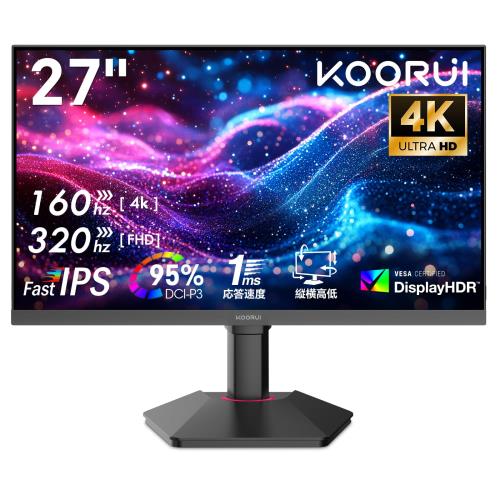 【中古】KOORUI ゲーミングモニター 27インチ 4Kモニター (4K@160Hz/FHD@320Hz) ディスプレイIPSパネル 縦横回転,高さ調整/HDR 400/ブルーライト軽減/VES