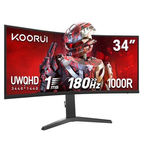 KOORUI曲面 ゲーミングモニター 34インチ UWQHD超ワイドスクリーン180Hz 1ms 3440x1440 1000Rの湾曲率 VA非光沢 sRGB100% /高さ調整/HDMI/DP/Adaptive Sync対応 PIP/PBP分屏機能