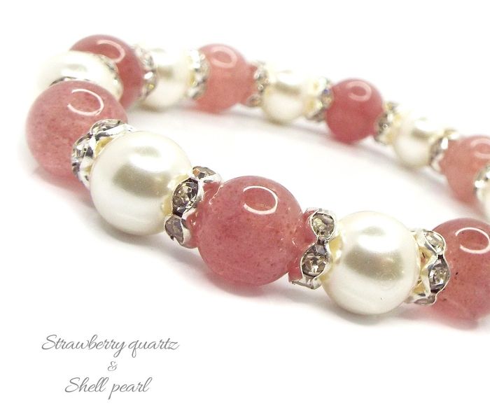 天然石パワーストーンストロベリークォーツ×シェルパール ブレスレットPower/GemStoneStrawberry Quartz × Shell PearlM...