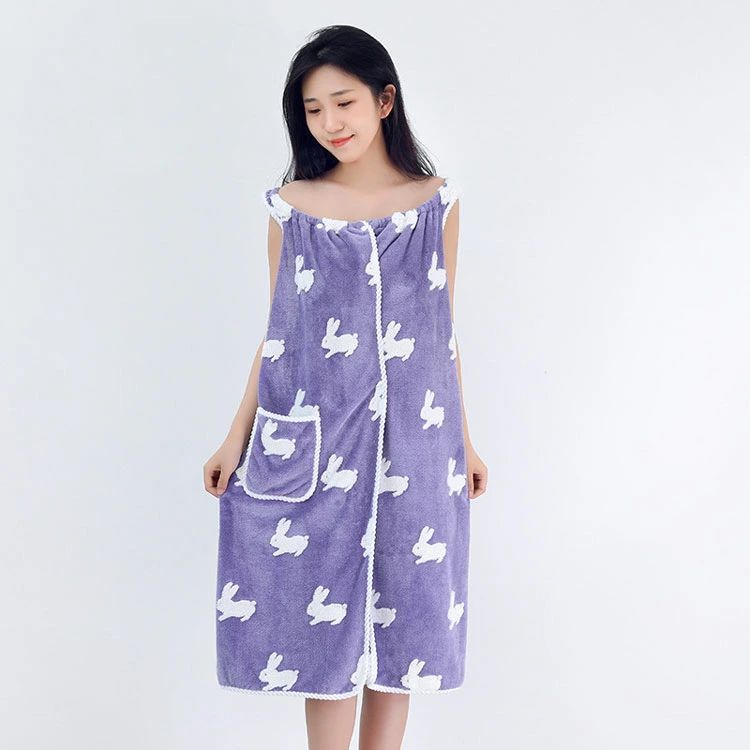 バスローブ バスタオル レディース 着れるバスタオル 大人用 ラップタオル お風呂上がり 吸水速乾 ガウン ママ バスワンピース ノースリーブ うさぎ柄 寝巻 ポケット付き 軽量 ふわふわ ルームウェア プール マント