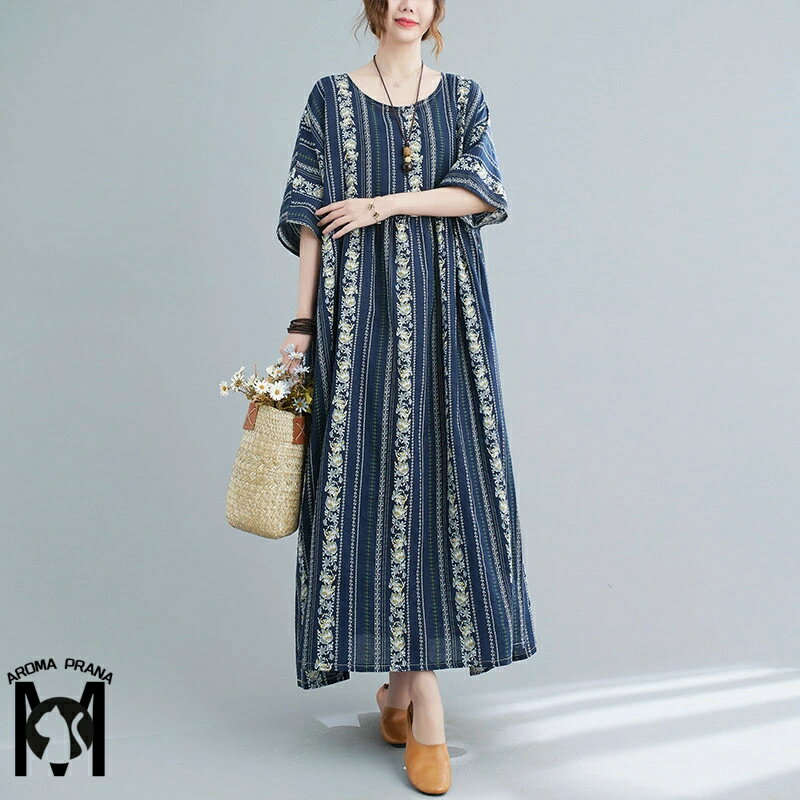 ワンピース 半袖ワンピース マキシワンピース チュニック ロングワンピ 花柄 エスニックワンピース オーバーサイズ ゆったり ロングワンピース 半そで 夏 5分袖 ドルマン袖 ワンピース 大きいサイズ 涼しい 体型カバー マキシ カジュアル リゾート エスニック 送料無料