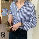 シャツ レディース ストライプ シャツブラウス 春 長袖シャツ 長袖 トップス ストライプ柄 ブラウス Vネック 羽織り 前開き チュニック コットン混 ストラ...