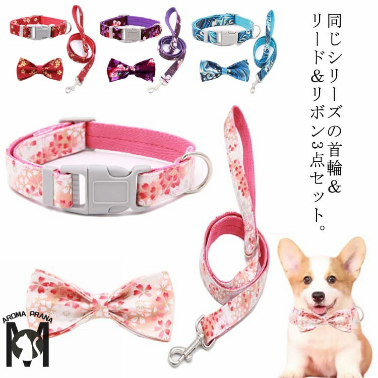 犬 首輪&リード&リボン 3点セット 小型犬 中型犬 大型犬 ネコ 猫 ペット用 首輪 おしゃれ リボン リード かわいい 貴族風 お散歩 お出かけ 簡単装着 調節可能 バックル ペット用品 柴犬 ゴールデンレトリバー トイプードル 送料無料