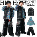 キッズ ダンス衣装 セットアップ ヒップホップ 帽子付き チェック柄シャツ デニムベスト ブラックワイドパンツ グラフィティデザイン ストリート系 オーバーサイズ 個性的 ファッション 韓国風 男の子 ダンスステージ用 衣装 120-180cm