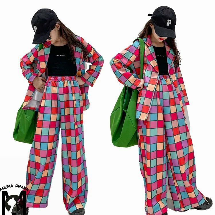 チェック柄 スーツ セットアップ キッズ ダンス衣装 ヒップホップ スーツ ジャケット カラフル k-pop 子供服 ヒップホップ ガウチョパンツ ロックダンス 女の子 ストリート b系 hiphop ジュニア 舞台 韓国 原宿系 演出服 発表会 100-170cm