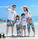 親子ペア 水着 葉柄 Tシャツ+パンツ2点セット海旅行衣装ヘアルック カップル 親子コーデ 家族お揃い 新婚旅行 カップル衣装 夏物 シフォンパンツ ママ パパ 娘 息子 家族活動 記念日 プレゼント家族お揃い 夏物 海旅行衣装 90cm-160cm S-4XL