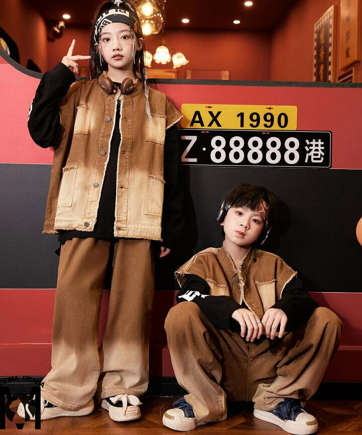 デニム子供ダンス衣装 春秋ヒップホップジャズダンスウェア クラーデション デニムベストセット ジーンズ 女の子男の子舞台演出服 普段着 hiphopイベント 舞台ダンス衣装 キッズステージ演出hiphopjazzウェア