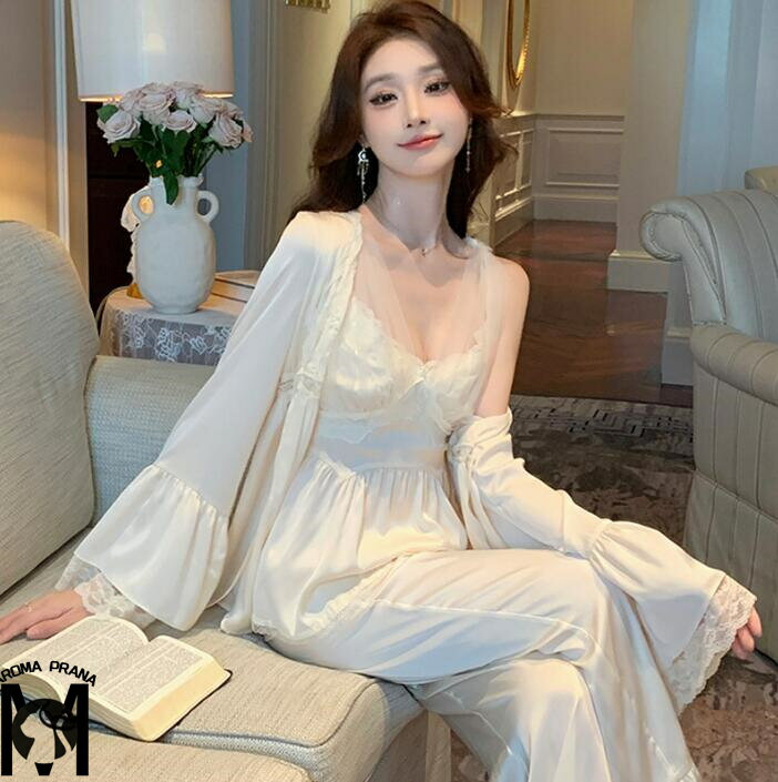 パジャマ ルームウェア 天使風姫系レディースパジャマ 羽織+トップス+ロングパンツ3点セットアップ パット入り春夏秋 レース長袖パジャマ 可愛い シルクタッチ ルームウェア上下セット 女性 部屋着 寝巻き 大人 オシャレ