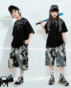 子供ヒップホップジャズダンス衣装 半袖tシャツ+パンツ 迷彩柄パンツ 夏子供ハーフパンツ かっこいい男女兼用ヒップホップジャズダンスウェア ステージ演出 イベント 舞台演出服 発表会 hiphopjazz コスチューム(4)