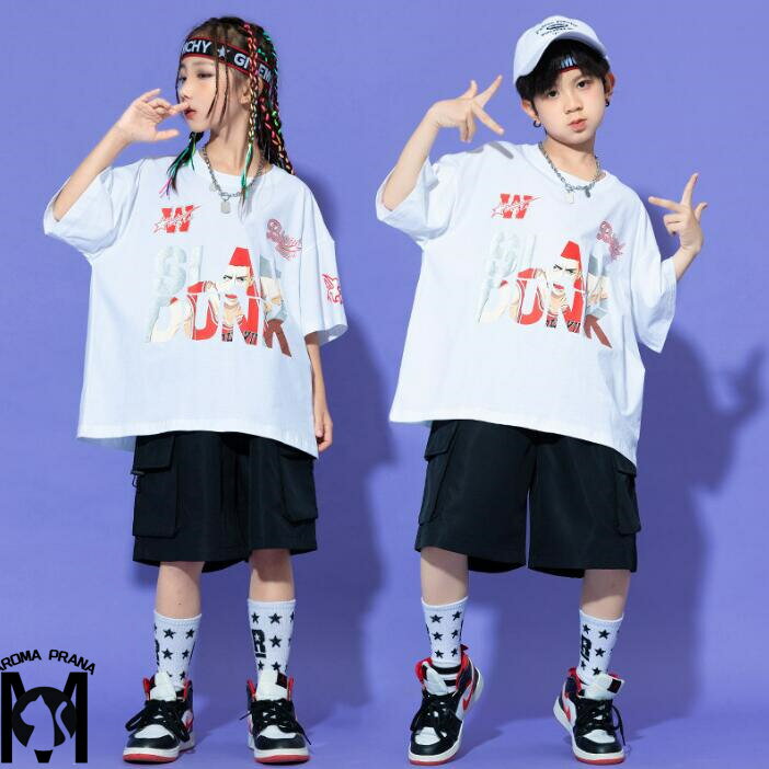 子供ダンス衣装 　半袖tシャツ　黒ハーフパンツ　夏ヒップホップジャズ舞台演出服　女の子/男の子hiohopjazzダンスウェア　チアガール　キッズダンスウェアhiohopjazzダンス衣装　カジュアル　HIPHOP　イベント　コスチューム