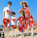 親子 ペアルック 夏物 海旅行衣装 レッドドレス レディースドレス メンズセットアップ アロハ衣装 シャツ+ショートショートパンツ 家族お揃い 木の葉柄 ハワイ...