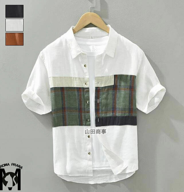 リネンシャツメンズ　シャツ半袖 配色薄手トップス メンズ 半袖 Tシャツ ブラウス トップス 　前開き　カジュアルブラウス 夏日系　カコイイ　涼しい 通気性 カジュアル スタンドカラー 薄手 夏物 新作　カジュアルtシャツ M-3XL