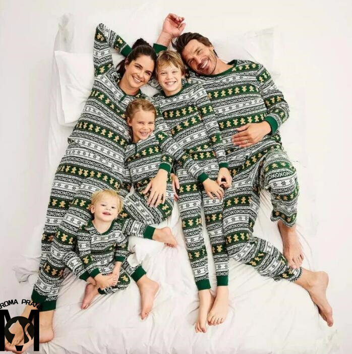 クリスマスパジャマ 親子ペア上下セットアップパジャマ 新作　グリーン　クリスマス元素プリント　可愛いMerryChristmas　家族ペアルームウェア　長袖　写真撮影パジャマ 家族お揃いパジャマ Christmas親子ペアルームウェアベビー子供ママパパ