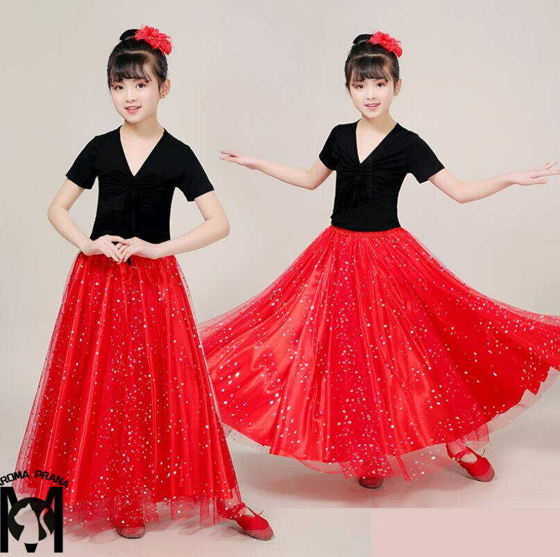 子供ドレス 大きい裾スカート スパンコール ロング丈 180°360°540°720° 民族風タンゴダンス衣装 女の子ラテンワルツステージダンス衣装 合唱団 社交ダンス衣装 フレア モダンダンス衣装 ワルツ