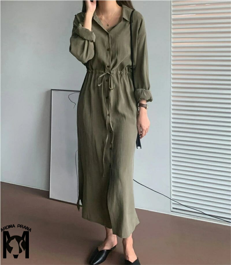 ワンピース シャツワンピース ウエスト絞り ロングワンピース Aライン 折襟 マキシワンピース レディース ゆったり 着痩せ 大きいサイズ 無地 長袖 羽織 シンプル カジュアル 着心地 楽チン 高見え キレイめ お洒落 レトロ