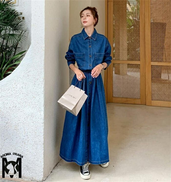 ワンピース レディース シャツワンピース 長袖 デニム ルーズ ロング丈 ドレス 大きいサイズ ゆったり デニムワンピース Aライン デニム ボタン付き 体型カバー ウエストマーク 着回し ポケット シンプル カジュアル 普段着 きれいめ 人気 トレンド 流行