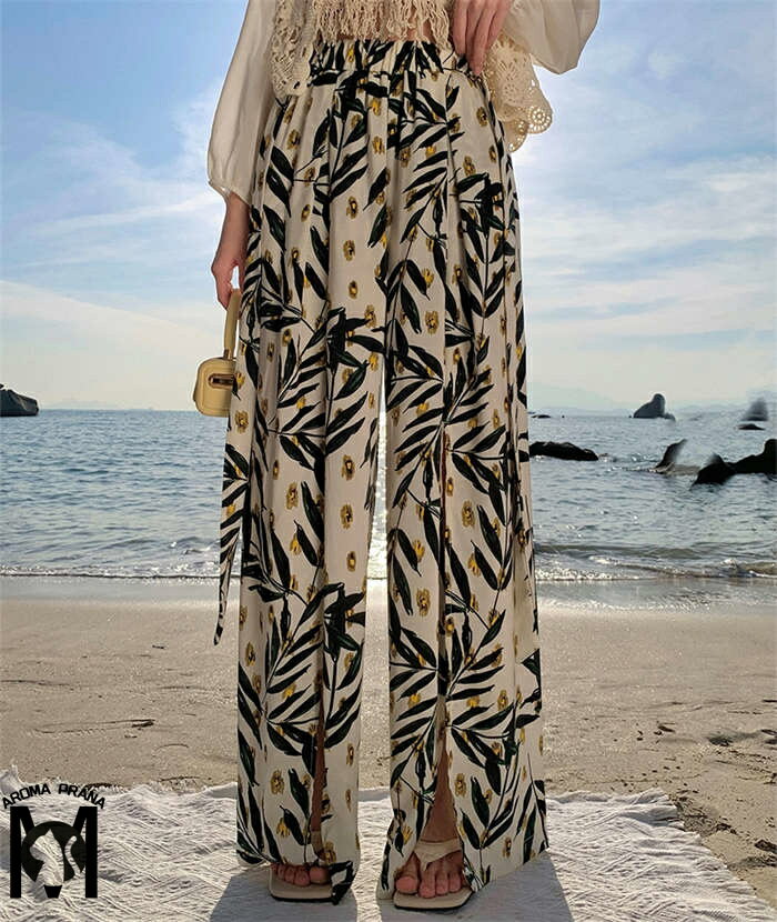 ワイドパンツ 夏 春 薄手 UVカット ロング レディース ガチョウパンツ ロングパンツ リラックスパンツ ガウチョ ボトムス ズボン 長ズボン ハイウエストパンツ ゆるっパンツ 柄パンツ 総柄 エスニック柄 スリット 部屋着 ゆったり 美脚 着・せ 20代 30代 40代 50代