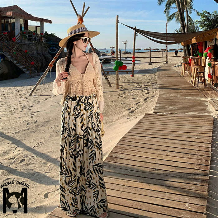 ワイドパンツ 夏 春 薄手 UVカット ロング レディース ガチョウパンツ ロングパンツ リラックスパンツ ガウチョ ボトムス ズボン 長ズボン ハイウエストパンツ ゆるっパンツ 柄パンツ 総柄 エスニック柄 スリット 部屋着 ゆったり 美脚 着・せ 20代 30代 40代 50代