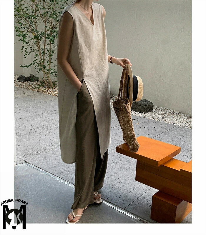 ワンピース ノースリーブ レディース uネック サイドスリット 重ねて ロング レディース Hライン プルオーバー 春 夏 大人 マキシ丈 カジュアル シンプル ロング丈 マキシ丈 おしゃれ 体型カバー 薄手 ゆったり きれいめ きれいめ 膝下丈 ブラック ベージュ S M L XL