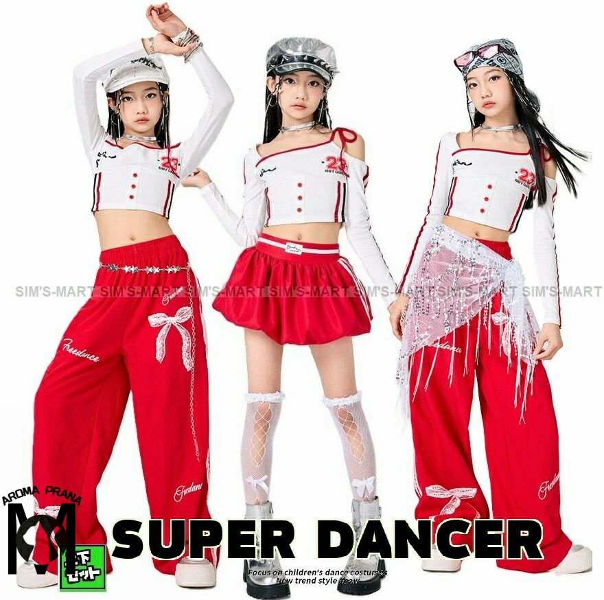 ガールズ ヒップホップ 衣装 ストライプ 水色 白 K-POP 韓国 子供ダンス服 ダンスウェア 子供ダンス服 へそ出し トップス パンツ フリルスカート キッズダンス衣装