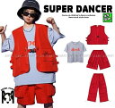 ヒップホップ ダンス衣装 セットアップ フィッシングベスト ハーフパンツ キッズファッション キッズダンス衣装 韓国 K-POP 赤