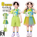 チアダンス 衣装 キッズ 小学生 緑 グリーン 柄シャツ キッズダンス衣装 セットアップ チアガール 衣装 女の子 メッシュスカート 応援団 可愛い 男の子 サ...