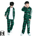 上下セット グリーン ダンス 衣装 キッズ ダンス衣装 ヒップホップ キッズダンス衣装 韓国 チェック柄 キッズダンス かっこいい 男の子 ガールズ 女の子 ダ...