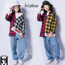チェック tシャツ トップス 長袖 ヒップホップダンス衣装 トップス HIPHOP ダンス 衣装 キッズ デニムパンツ 原宿系 ジャズダンス衣装 練習着 体操服...