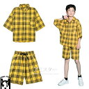 女の子 男の子 イエロー チェックシャツ チェックパンツ サルエルパンツ キッズダンス衣装 ヒップホップ 体操服 ステージ衣装 イベント 大きいサイズ 上下セッ...