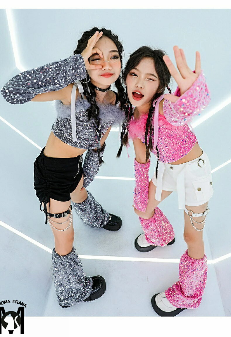ダンス衣装 ガールズ 衣装 派手 K-POP 韓国 ジャズ セットアップ スパンコール キラキラ衣装 へそ出し トップス パンツ 子供ダンス服 ダンスウェア シルバー 銀 ピンク キッズダンス衣装