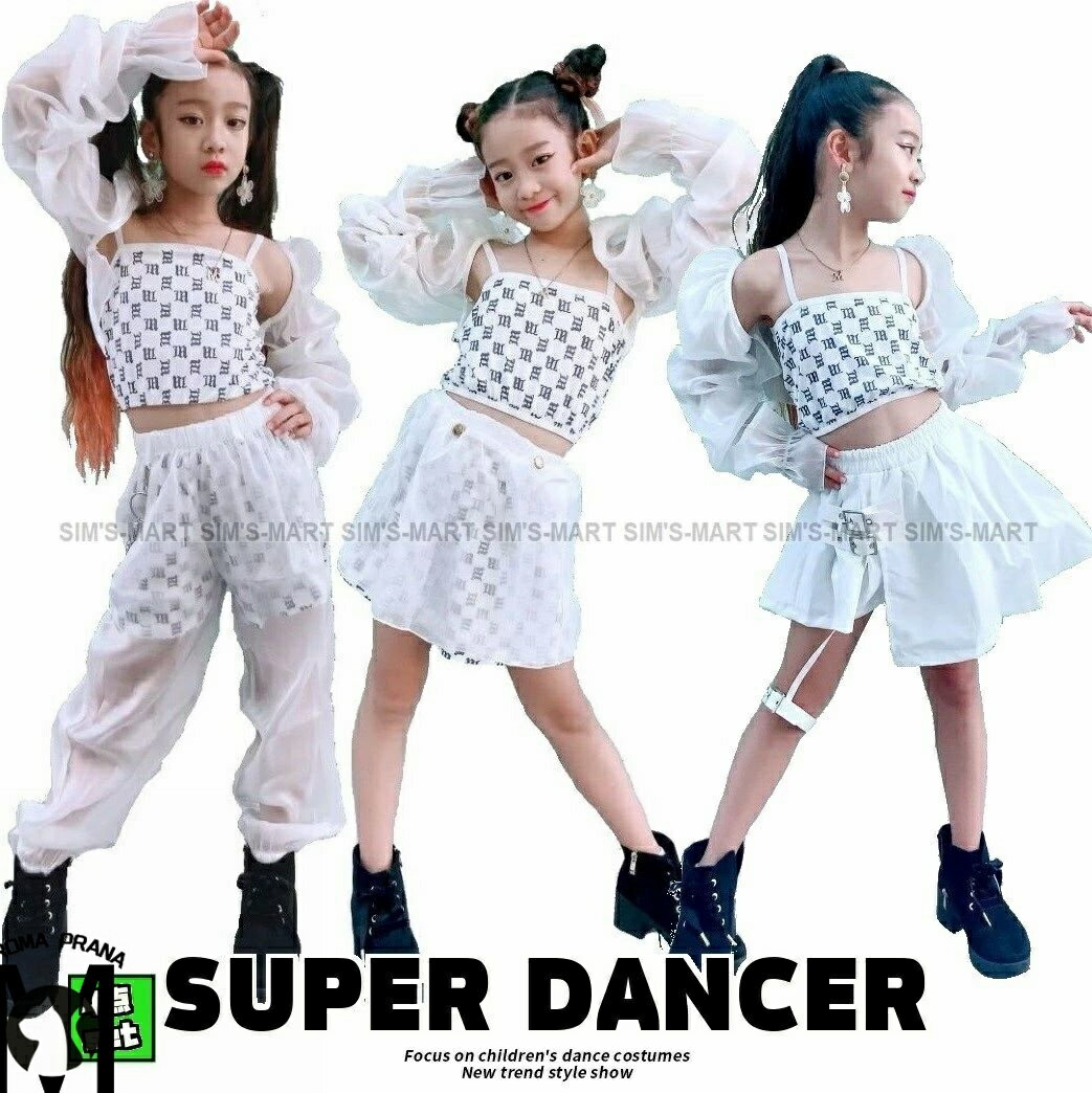 キッズ ダンス衣装 セットアップ ガールズ ヒップホップ かっこいい 派手 キッズダンス衣装 シースルー へそ出し トップス スカート パンツ 韓国 K-POP 白
