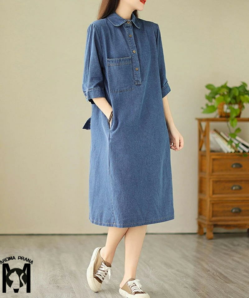 シャツワンピース レディース ワンピース ロングワンピース 7分袖 デニムワンピース ポケット付き 春 ロングワンピ 無地 ロングシャツ 体型カバー ゆったり 折襟 前開け 通気性良い 大きいサイズ 夏 ロング丈 リラックス 30代 40代
