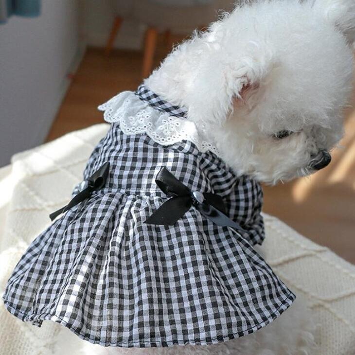 犬服 ドッグウェア ワンピース ドレス ペット用スカート 春服 春夏 モノトーン 白黒 ギンガムチェック チェック リボン かわいい おしゃれ オシャレ 女の子向け 小型犬 ペット服 お散歩 お散歩服 お出かけ 散歩用 犬猫兼用 春夏 カジュアルメール便OK【a252】