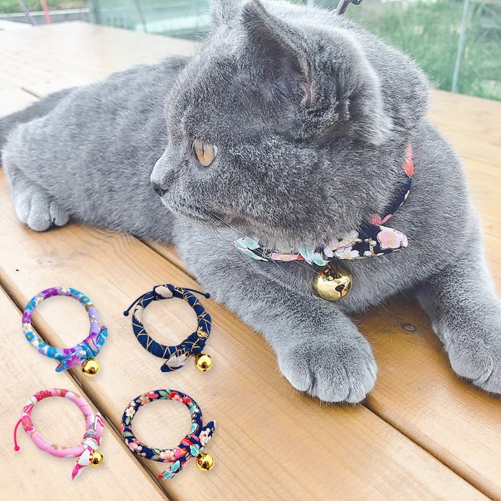 猫首輪和柄鈴付き花柄鶴柄和風デザイ...
