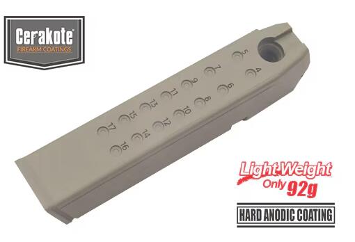 Light Weight Aluminum Material only 92g, Hard Anodizing with Cerakote Coating! Weight : 92 g Material : Aluminum Color : Flat Dark Earth Item No.: GLK-150(A)FDE 画像4枚目＝マガジンを完成させるには、こちらのオプションが必要です。 ご購入時の注意事項 本製品は18歳以上を対象とした商品です。 保護者同意の有無・商品内容にかかわらず、0～17歳及び高校生の方への販売は全てお断りしております。 基本的に海外製パーツには説明書が付属して御座いません。 組み込みには分解組み立てのスキルが必要です。 対応機種であっても相性によっては適宜調整加工も必要です。 工具は付属して御座いませんので別途ご用意ください。 自信のない方への購入はお勧めいたしません。 またカスタムパーツの特性上、強度や性能が変化いたします。 些細な事でも事前にご質問頂きます様お願い申し上げます。 分かる範囲で回答申し上げます。 海外製品は国内製品と品質が異なります。 製造ムラや梱包方法等、劣る部分もございます。 弊社では発送前事前点検を行いますので一度開封させていただきます。 製造傷や輸送傷、擦れ等ある場合もございますがメーカー基準をクリアした商品のみを出荷いたします。 商品は予告なしにマイナーチェンジされる場合がございます。 モニター環境により実際の商品と色合いが異なる場合がございます。 スキルや知識不足、誤認等お客様都合による返品、交換、返金は出来かねます。 予めご了承くださいませ。