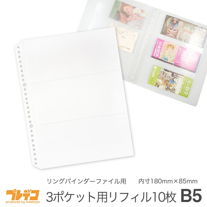 【B5 3P 交換リーフ】B5 交換リーフ リングバインダーファイル 透明3ポケット26穴10枚入り 内寸180mm×85mm｜チケット コンサート ライブ サッカー 野球 美術館 映画 半券 収納 保管 保存 方法 3窓 封筒 レシート ファイリング 入れ 整理 クリアリーフ リフィル