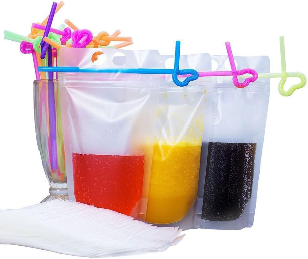 ジュース袋　飲料バッグ　曲がるストロー付き　スパウトパウチ 500ml 　密封保存袋　持ち運び便利 （100ストロー＋100バッグ）