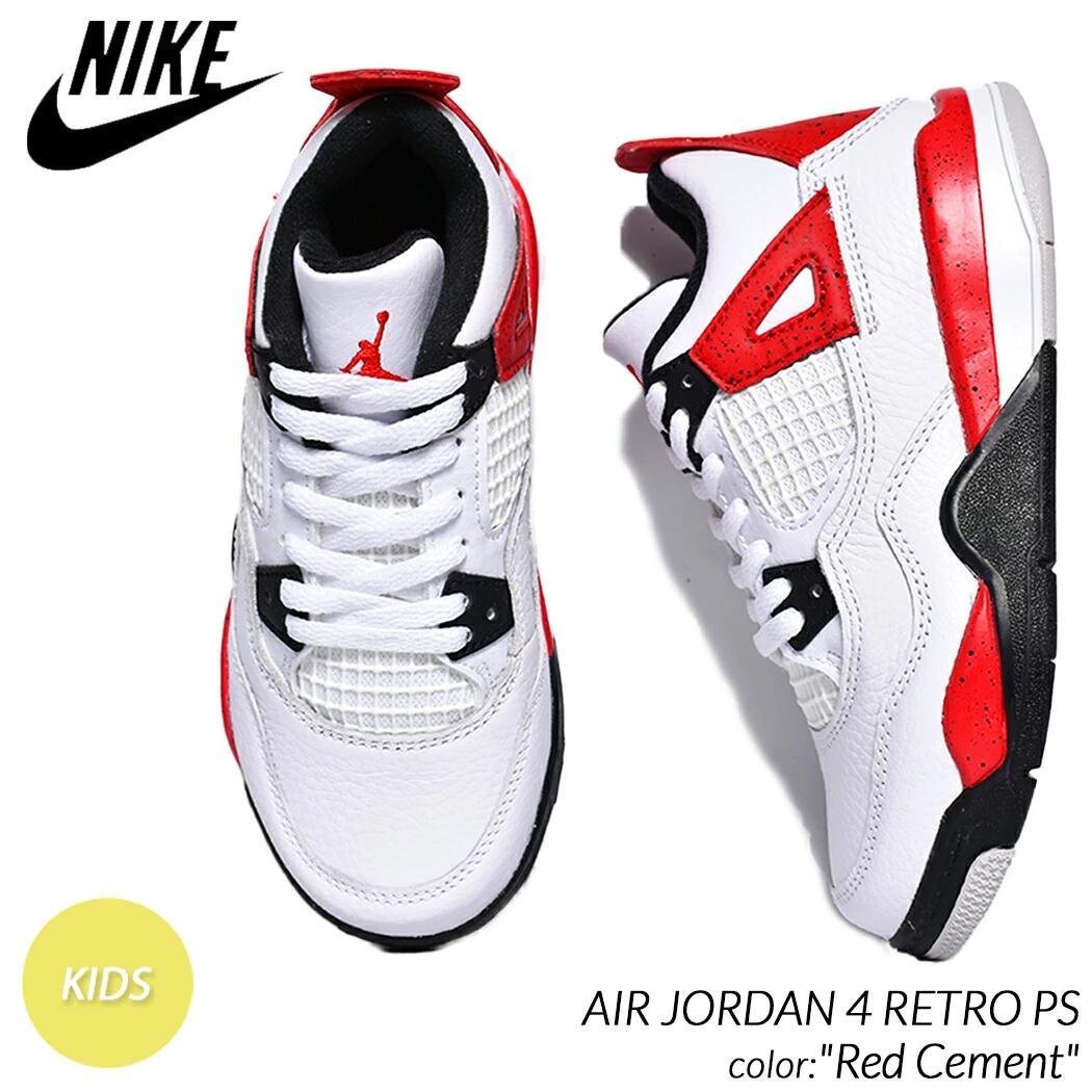 NIKE AIR JORDAN 4 RETRO PS Red Cement ナイキ エア ジョーダン キッズ スニーカー ( 白 赤 レッド ジュニア シューズ KIDS 子供 fire red ファイアレッド オリジナル og BQ7669-161 )