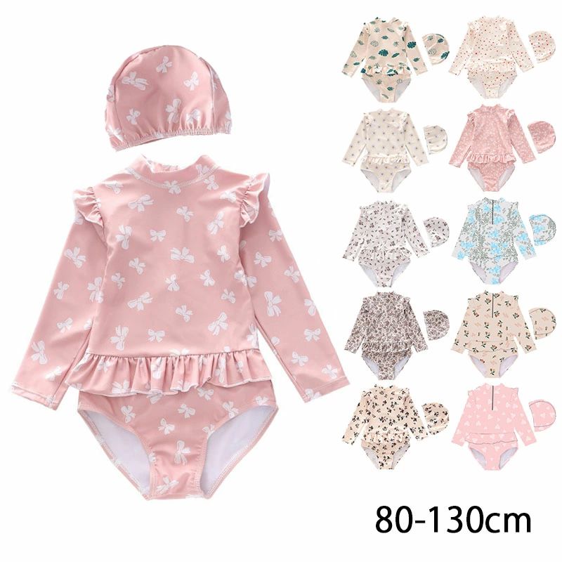 ベビー 水着 キッズ 帽子つき2点セット ジュニア かわいい フリル 愛柄 花柄 ドット柄 80cm 90 100 110 120 ラッシュガード スイムウェア 海プール スイミング ビーチ 水遊び 水泳 子供服 子ども服 ベビースイミング ワンピース 女の子 子供