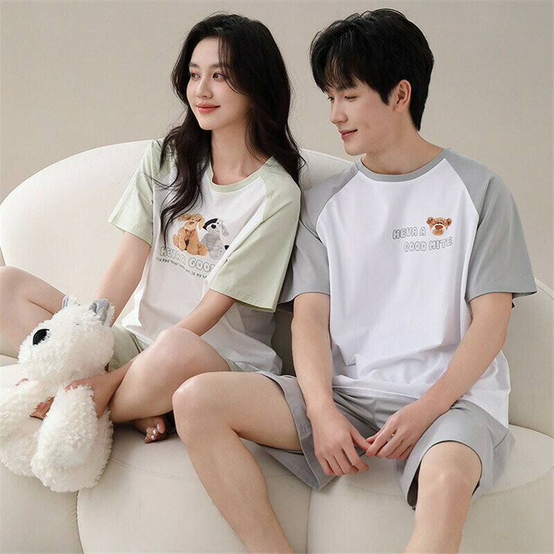 【クーポン利用で最大1000円OFF!】ペア パジャマ 半袖 夏 男女2着 セット 春 カジュアル セットアップ ゆったり カップル 綿100％ ルームウェア 高級 春夏 ペアパジャマ 結婚祝い プレゼント お祝い おもしろ 夫婦 ギフト 上下セット パッチワークスタイル 柔らかい 可愛い