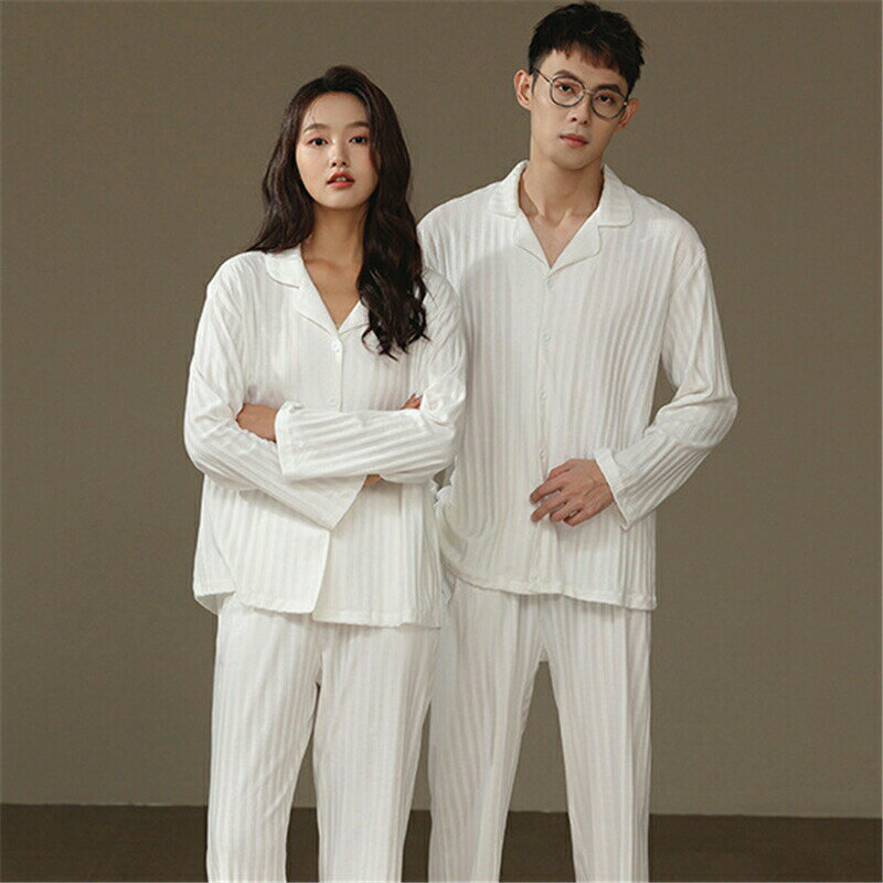 【クーポン利用で最大1000円OFF!】ペア パジャマ 長袖 男女2着 セット 綿100％ 無地 前開き カップル 春 秋 ストライプ 長袖トップス ルームウェア 冬 コットン ペアパジャマ 結婚祝い プレゼント お祝い おもしろ 春秋 夫婦 ギフト 柔らかい シンプル カジュアル