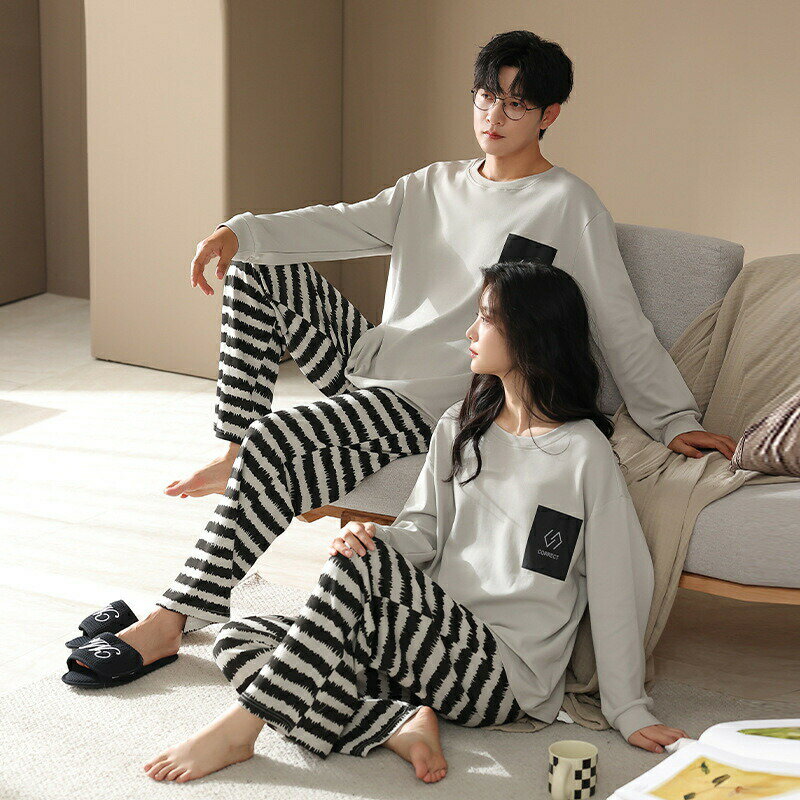 【クーポン利用で最大1000円OFF!】ペア パジャマ 長袖 男女2着 セット 綿100％ カジュアル カップル 春 秋 秋冬 ルームウェア クルーネック 冬 コットン ペアパジャマ 結婚祝い プレゼント お祝い おもしろ 春秋 夫婦 ギフト 上下セット ボーダー ゆったり ポケット
