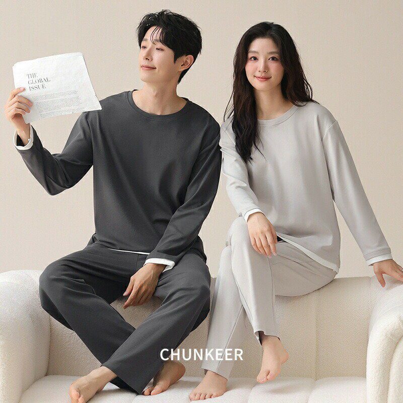 【クーポン利用で最大1000円OFF!】ペア パジャマ 長袖 男女2着 セット 綿100％ 無地 学生 ゆったり カップル 春 秋 高級 ルームウェア クルーネック 冬 コットン ペアパジャマ 結婚祝い プレゼント お祝い おもしろ 春秋 夫婦 ギフト 重ね着レイヤード カジュアル