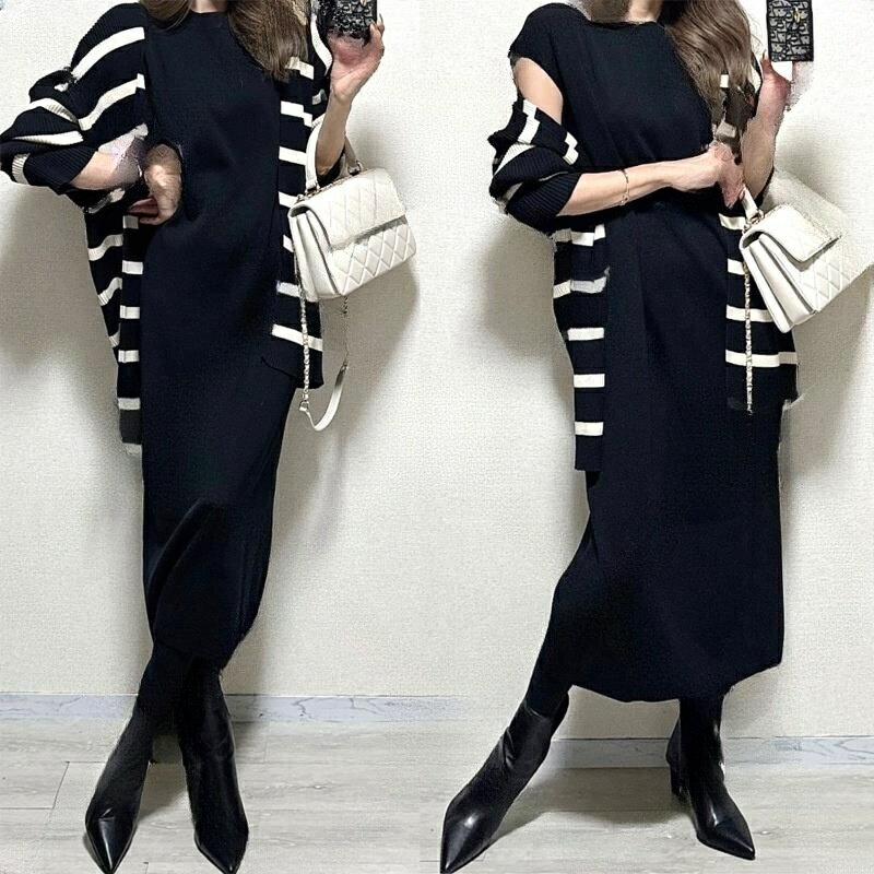 楽天スーパーSALE10%OFF セットアップ きれいめ 長袖 ニットセーター ワンピース 痩せ見 2点セット ニ..