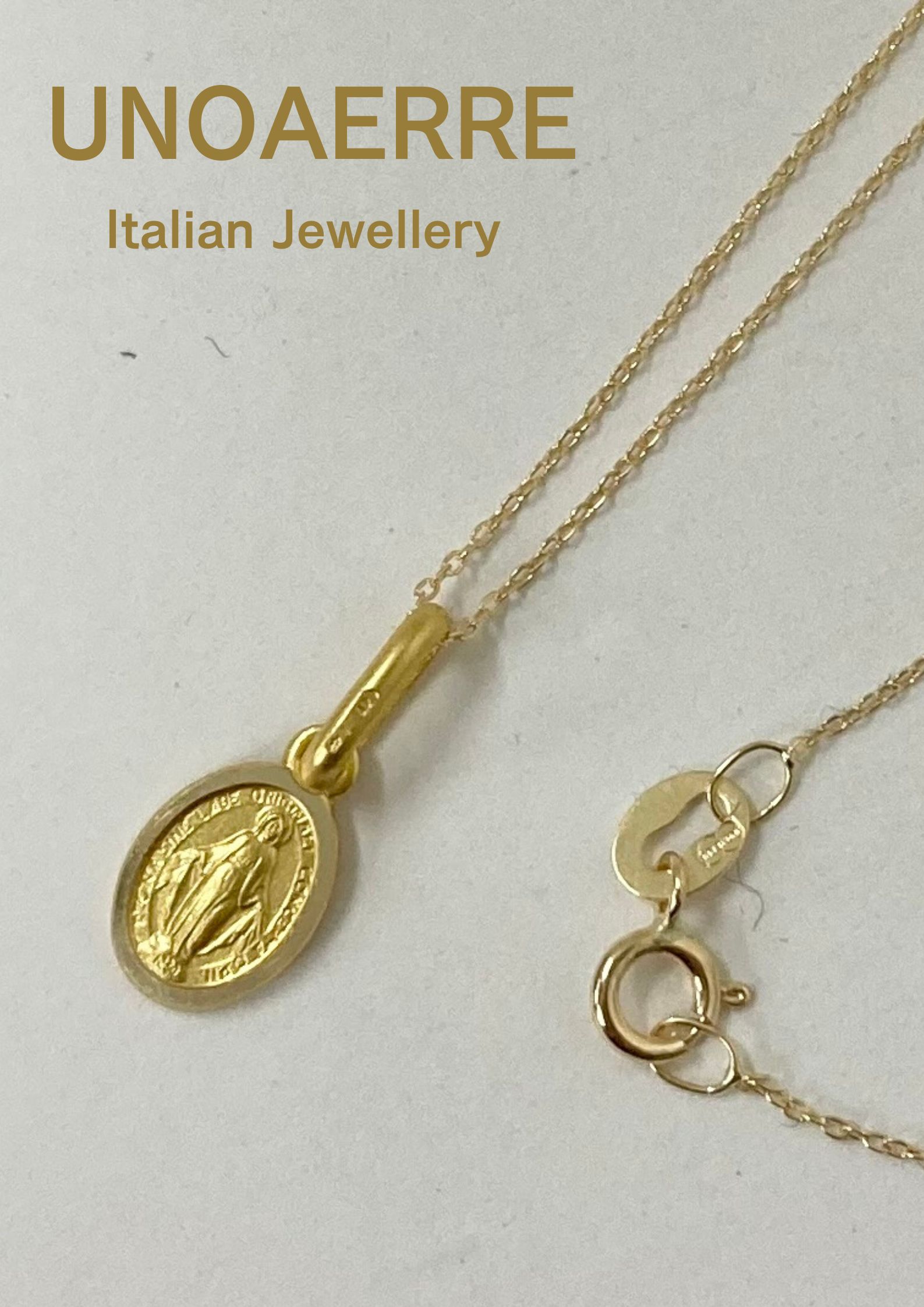 【新品】【送料無料】【あす楽】K18　ゴールド　ペンダント　不思議のメダイ　マリア　コイン　ネックレス　ネックレス付　チェーン　チェーン付　ペンダントネックレス　セット商品　ウノアエレ　UNOAERRE　18金　イタリア製　★ジュエリーポーチをサービス中★のサムネイル