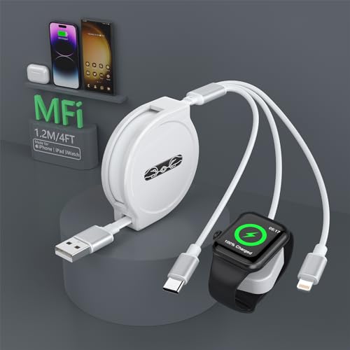 【2024新版】充電ケーブル 3in1 巻き取り式 iPhone アップルウォッチ 同時充電 3A急速充電 USB Type C ケーブル アップルウォッチ 充電器 iPhone/iPad/Apple Watch Series 10/9/8/7/6/5/4/3/2/1/Ultra 2/SE 各種対応-1.2M ホワイトのサムネイル