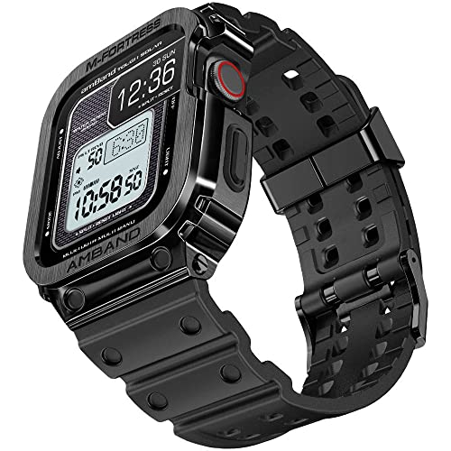 【2022改良モデル】 コンパチブル for Apple Watch バンド 44mm ステンレス鋼ケース付き 頑丈なメンズTPUベルト 一体型 for アップルウォッチ バンド用 iWatch Series 6/SE2/SE/5/4に対応 44 mm 落下防止 耐衝撃 耐久性 装着簡単 ブラック