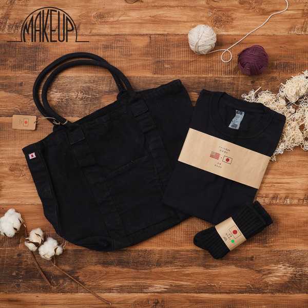 メイクアップ MAKE UP メンズギフト プレゼント Tシャツ 靴下 ソックス トートバッグ フロントポケット 倉敷製品染め 贈り物 誕生日 父の日 クリスマス 彼氏 旦那 ネイビー Mu013