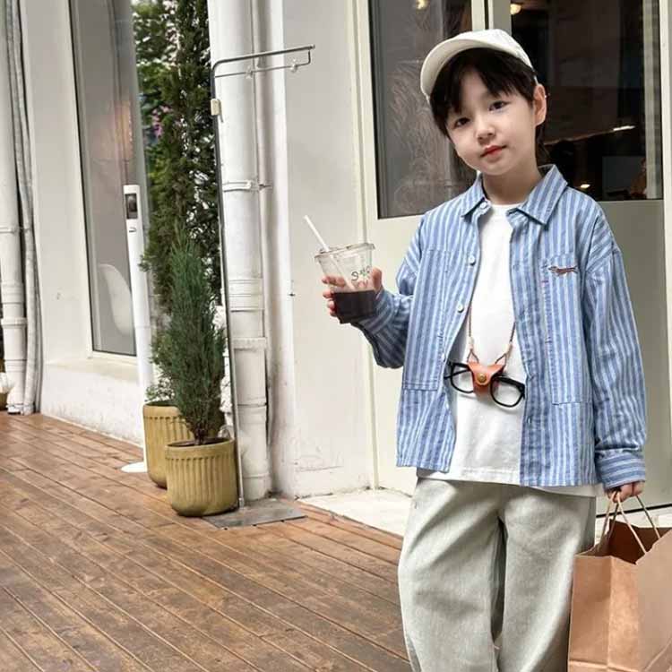 キッズ シャツ 子供シャツ 長袖 女の子 男の子 綿 コットン 刺繍 ストライプ 春秋 カジュアルシャツ ジュニア ベビー ボーイズ ユニセックス スクール 通園 通学 春服 秋物 秋服 90 100 110 120 130 140 150 160cm